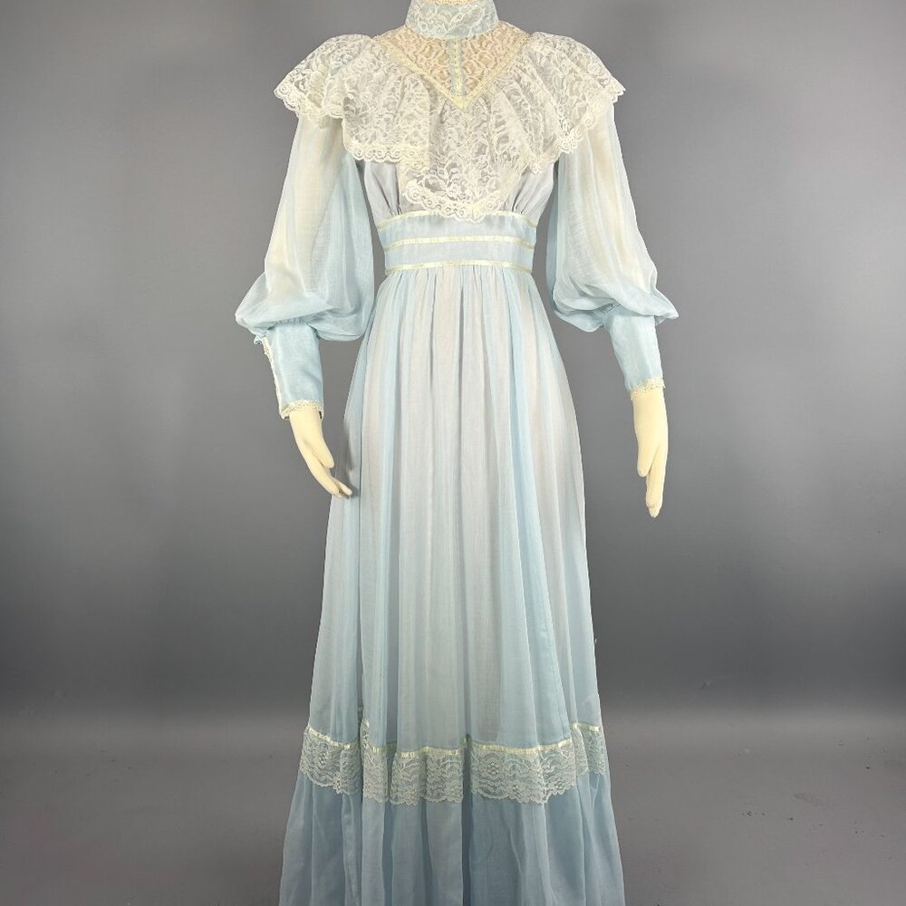 Vintage 70s Candi Jones Boho Maxi Dress, Blue White Cotton Gauze Prairie, Med